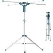 Relaxdays Séchoir à linge , pliable, réglable en hauteur (80–200 cm), 4 barres de séchage, pour le camping, séchoir à linge en forme de raquette, blanc/bleu
