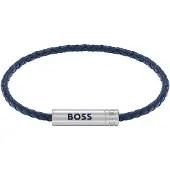 BOSS Bracelet tressé en cuir bleu avec plaquette logo