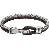 BOSS Bracelet en cuir tressé marron et en acier inoxydable