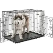 Lionto Cage de transport pour animaux, cage métallique pliable avec paroi de séparation, fond en plastique & verrouillage de sécurité, 106x71x77 cm