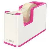 Leitz Dérouleur de ruban adhésif WOW, ergonomique, pour rouleaux de ruban adhésif de L 19 mm x L 33 m, ruban adhésif inclus, plastique ABS recyclable, blanc/rose