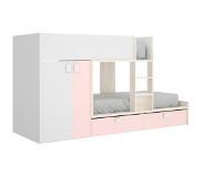 Vente-unique.be Lits Superposés JUANITO - Armoire intégrée - 2 x 90 x 190 cm - Blanc, chêne et rose