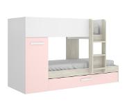 Vente-unique.be Lits superposés avec tiroir lit gigogne ANTHONY avec rangements 3 x 90 x 190 cm - Blanc, chêne et rose