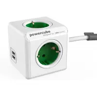 Allocacoc PowerCube extended usb - Unité de distribution d'alimentation - CA 230 V - entrée, entrée CEE 7/7 - ports de sortie : 6 (2 x USB, 4 x connecteur de type F) - 1.5 m - blanc/vert