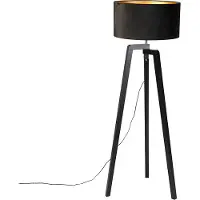 QAZQA Lampadaire trépied en bois noir avec abat-jour noir 50 cm - Puros