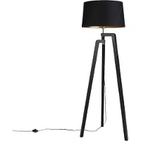 QAZQA Lampadaire trépied avec abat-jour en coton noir avec intérieur doré 50 cm - Puros
