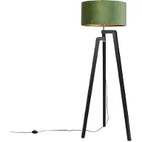 QAZQA Lampadaire trépied noir avec abat-jour vert et or 50 cm - Puros