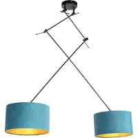 QAZQA Suspension noire avec abat-jour en velours bleu et or 35 cm 2 lumières - Blitz