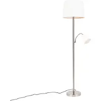 QAZQA Lampadaire classique en acier avec abat-jour blanc et liseuse - Retro