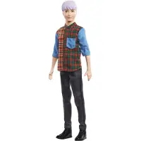 Barbie Fashionistas Ken Poupée (cheveux violets) avec chemise à carreaux, poupée à habiller, poupée de mode