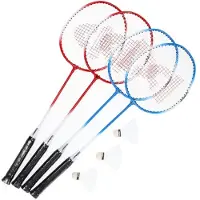 Donnay Ensemble de badminton avec 1 filet de badminton, 4 raquettes de badminton et 3 volants de badminton - Bleu / Rouge