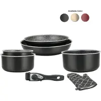 Herzberg Batterie de cuisine revêtement pierre avec manche amovible 7 pièces carbonne HG8053-CAR