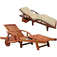 Deuba Chaise longue Tami Sun en bois d'acacia Transat pliable avec coussin crème roues dossier repose pieds réglable
