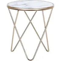 Beliani Table d'appoint Blanc Or Verre de sécurité Métal 50 x 55 cm Pieds en V Table basse Brillant Aspect Marbre Rond Moderne