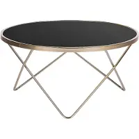 Beliani Table basse en verre trempé noir, épingles à cheveux en métal doré haut de gamme, forme ronde