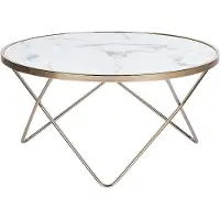 Beliani Table basse en marbre blanc avec verre trempé, plateau en métal doré, forme ronde
