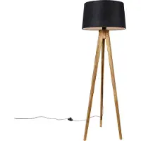 QAZQA Lampadaire trépied rustique vintage en bois avec abat-jour en lin noir 45 cm - Tripod Classic
