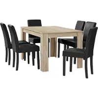 En.casa [] Table de salle à manger en chêne clair avec 6 chaises rembourrées en similicuir noir 140x90 Groupe de salle à manger