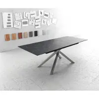DELIFE Table-à-manger Edge 180-220x100cm Laminam céramique gris pieds milieu croisé argent