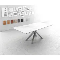 DELIFE Table-à-manger Edge 200x100cm Laminam céramique blanc pieds milieu croisé argent