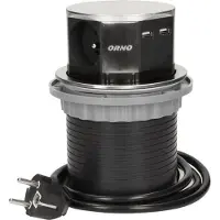 ORNO Bloc de prises rond OR-AE-1381, 3x prise, 2x chargement USB, acier inoxydable, câble 1.5m