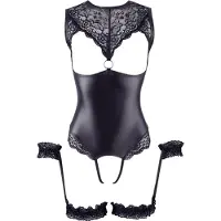 Cottelli Bondage - body ouvert brillant avec menottes - noir