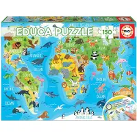 Educa 18115, Carte du monde avec animaux, puzzle de 150 pièces pour enfants