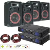 Mega -Soundset mit 4 Lautsprechern, 2 Verstärkern und Verbindungsmaterial., Haut-parleur PA, Noir