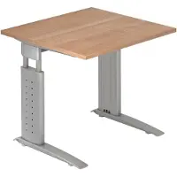 Hjh OFFICE PRO Bureau Série U | bac à câbles inclus | pied en C | hauteur réglable, Dimension plateau:80 x 80 cm, Couleur plateau:Noyer, Couleur piétement:Argent