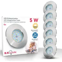 B.K.Licht Lot de 6 Spots encastrables LED ultraplats 75x30 mm fix IP44 4.8 W 400 lm 3000 K blanc chaud nickel mat kit spots plafond salle de bain cuisine