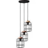 Brilliant Suspension noire GWEN | Suspension ronde à 3 lampes avec des détails en bois durable sur l'abat-jour | 3 douilles E27, 40 watts max. | Métal/bois