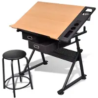 vidaXL Table à dessin avec plateau inclinable 2 tiroirs et tabouret