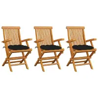 vidaXL Chaises de jardin avec coussins noirs 3 pcs. Bois massif teck