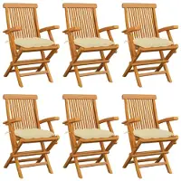 vidaXL Chaises de jardin avec coussins blanc crème 6 pcs. Bois massif teck