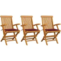 vidaXL Chaises de jardin avec coussins bordeaux 3 pcs. Bois massif teck