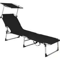 Springos Chaise Longue - - Pliante Avec Pare-Soleil - 188 X 57 Cm - Métal - Noir