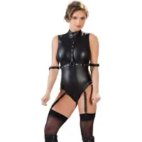 Cottelli Bondage - body sans manches brillant et menottes pour bras - noir - M