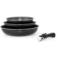 Arthur Martin Ensemble de 3 poêles à frire - - AM130 - noir - Compatible tous feux, y compris induction - 20/24/28 cm + 1 poignée - Aluminium