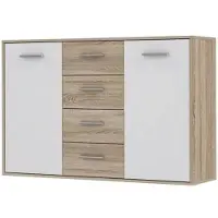 Forte PILVI Buffet bas 2 portes 4 tiroirs - Blanc et chene sonoma - L 122,6 x P 34,2 H 88,1 cm