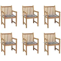 vidaXL Chaises de jardin 6 pcs. Coussins gris à motifs écossais Teck massif
