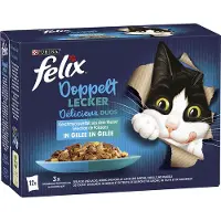 Felix Tendres Effilés Délicieux duos en gelée 12 x 85 g pour chat - colin & saumon, saumon & sardine, hareng & truite, truite & maquereau