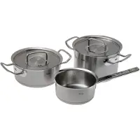 Fissler Collection Original-Profi : Set de 3 pièces comprenant une casserole, une sauteuse et une petite casserole. Référence : 084-128-03-000/0. Numéro d'article : 4009209382852
