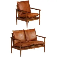 vidaXL Canapé 2 pièces brun cuir véritable et bois massif acacia