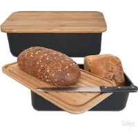 GADGY Boîte à pain - avec couvercle en bambou - Boîte à pain avec planche à découper - sans BPA - 36x19.5x11.5 cm- noir