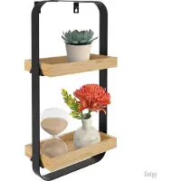GADGY Wandplank Metaal Hout Zwart - Wandbox met 2 houten plankjes - Wandrek - Wanddecoratie Industrieel - Muurdecoratie - 50x24 cm