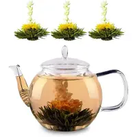Feelino Carafe en verre 1300 ml en verre borosilicaté avec couvercle, passoire à thé et fleurs de thé
