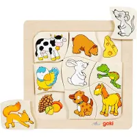 Goki Puzzle Jigsaw en bois qui mange quoi? (Allemand, Anglais, Français, Italien)