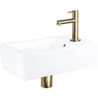 Differnz Force Set lave-mains 40x22x8cm 1 trou avec robinet droit et siphon + bonde dorés mat Rectangulaire Céramique Blanc 38.400.59