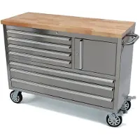 HBM servante d’atelier avec plan de travail en bois, 122 cm, acier inoxydable