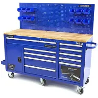 HBM établi 158 cm avec 10 tiroirs, porte et panneau arrière, bleu